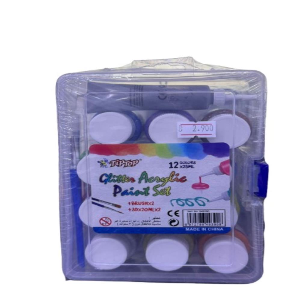 TipTop Glitter Acrylic Paint Set – 12 Colors (25ml) with Brushes